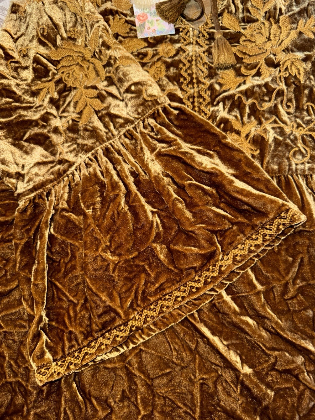 JOHNNY WAS L Large Golden Brown Velvet Midi Dress Tiered Embroidered Maxi Johnny Was