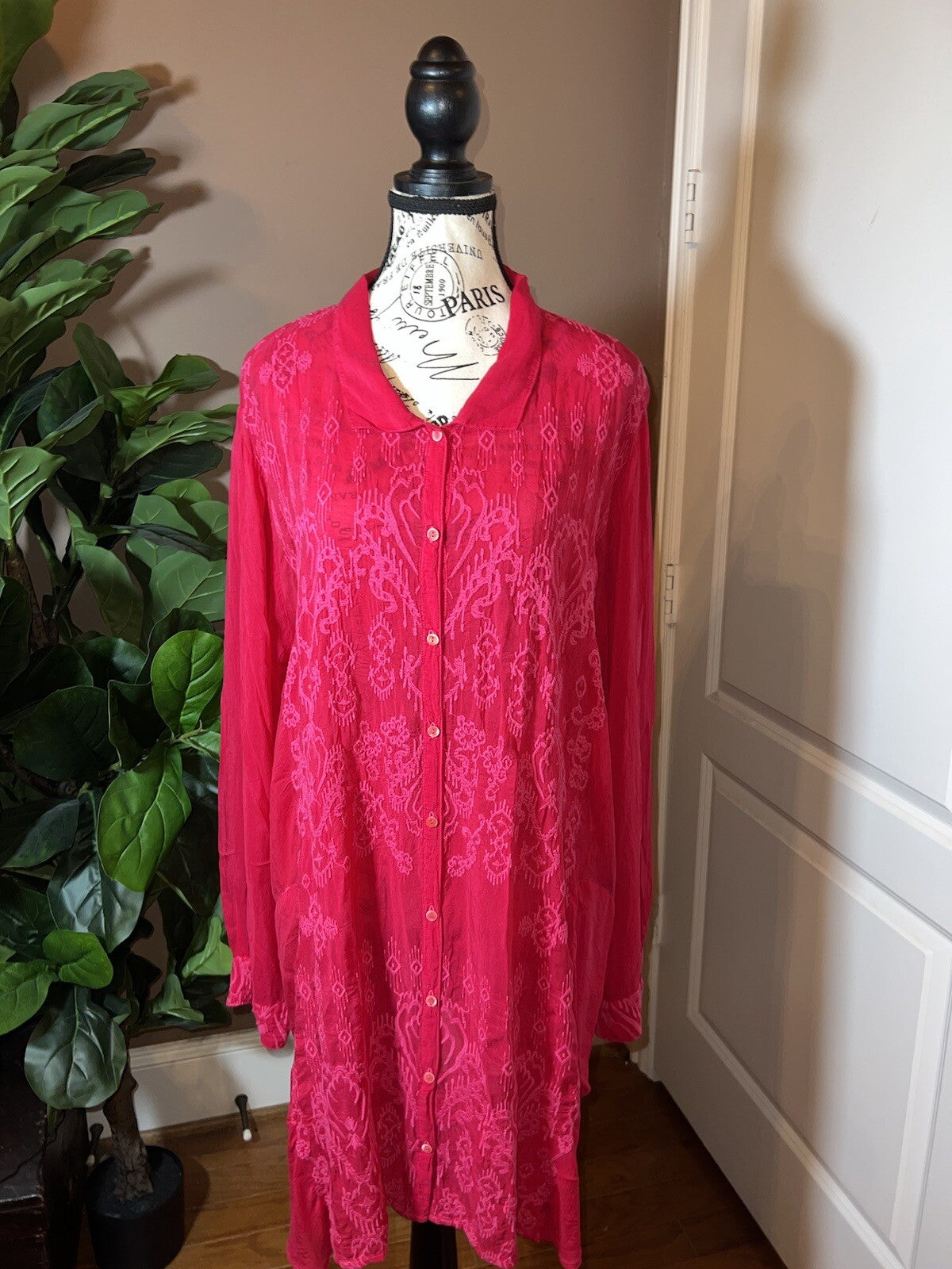 Johnny Was 1X Hot Pink Mini Shift Dress Button Up Shirt Embroidered Tunic Top Johnny Was
