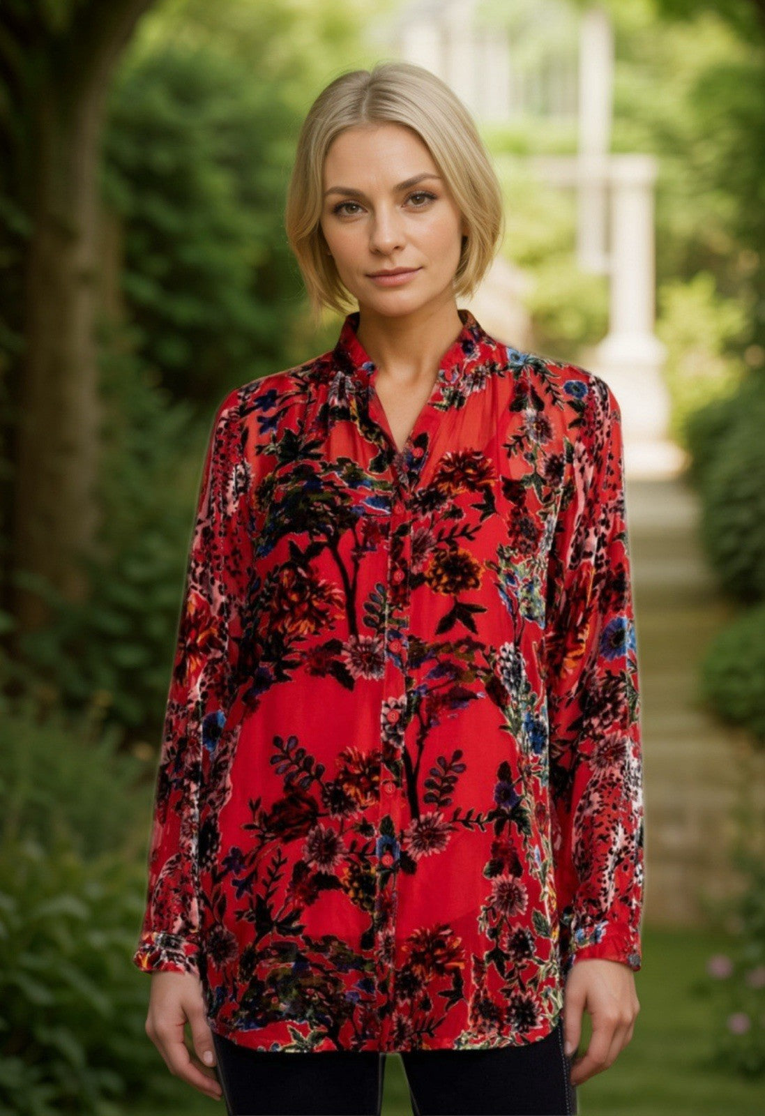 Johnny Was XL Red Burnout Velvet Button Up Blouse Tunic Top Shirt Floral Johnny Was