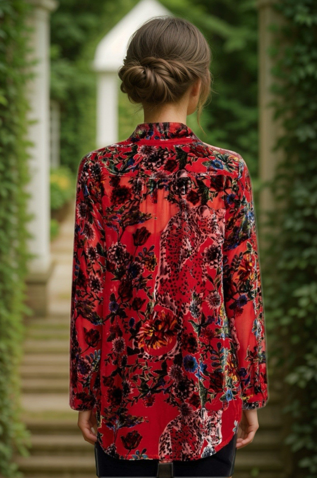 Johnny Was XL Red Burnout Velvet Button Up Blouse Tunic Top Shirt Floral Johnny Was