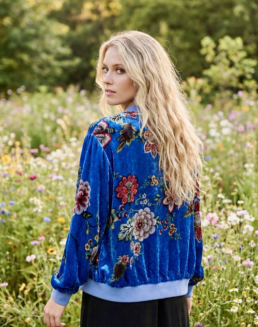 Johnny Was L Blue Velvet Bomber Jacket Flight Coat Floral Lightweight Warm Soft Johnny Was