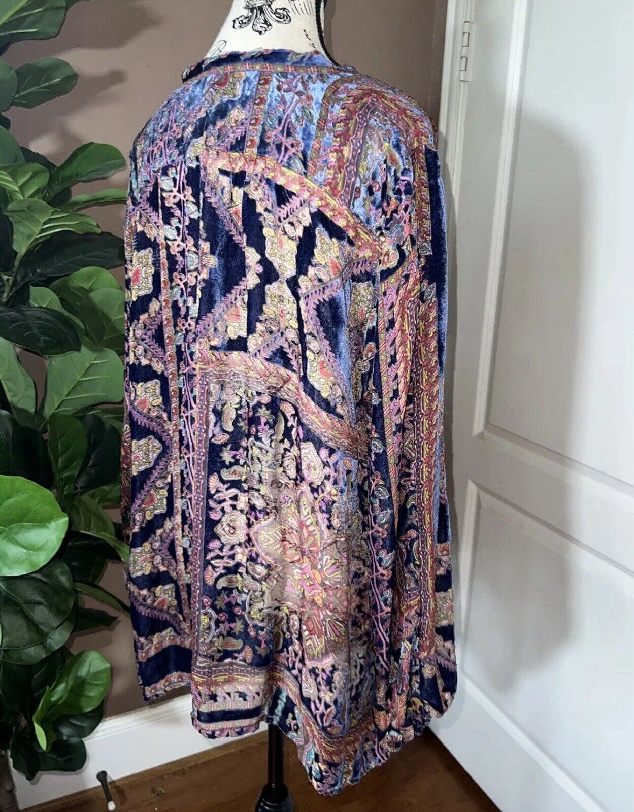 Johnny Was 3X Burnout Velvet & Silk Blouse Long Sleeve Top Purple & Blue