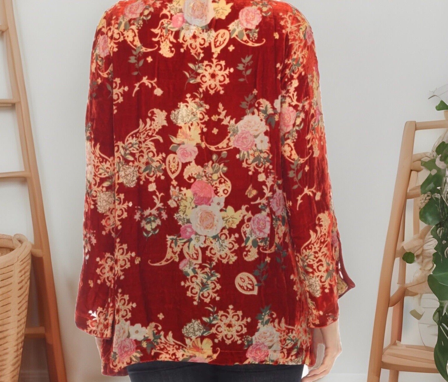 Johnny Was XL Red Burnout Velvet & Silk Tunic Top Peasant Blouse Shirt Johnny Was