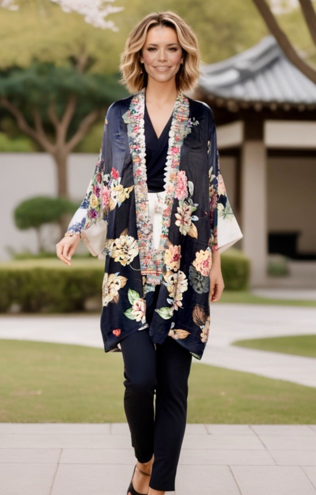 Johnny Was L 100% Silk Kimono Duster REVERSIBLE Embroidered Cardigan Wrap Johnny Was
