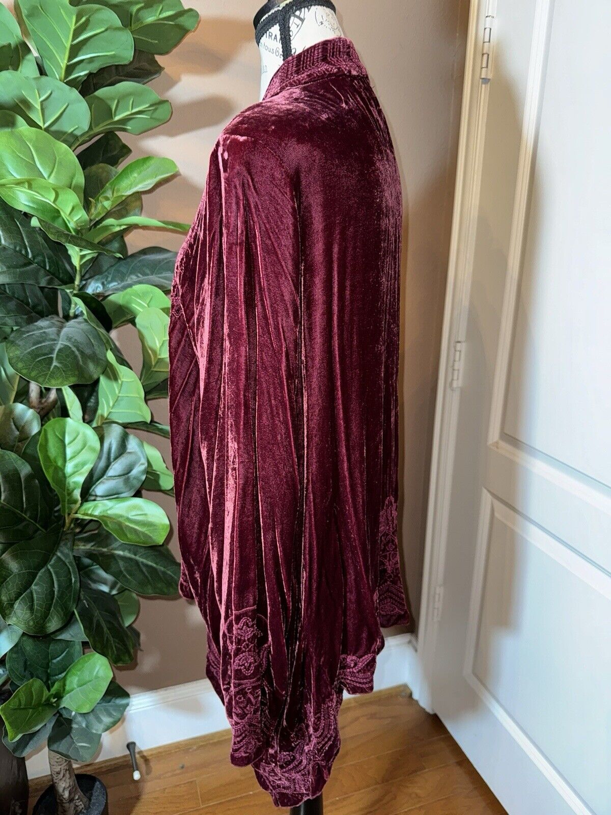 Johnny Was L Deep Wine Red Velvet Kimono Wrap Cardigan Tonal Embroidery