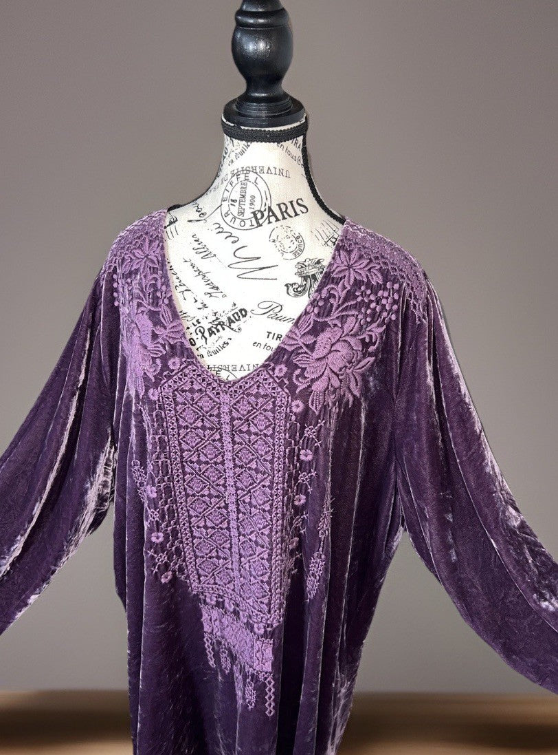 Johnny Was 3X 3XL  Purple Plum Velvet Tunic Top Mini Dress Tonal Embroidery Johnny Was