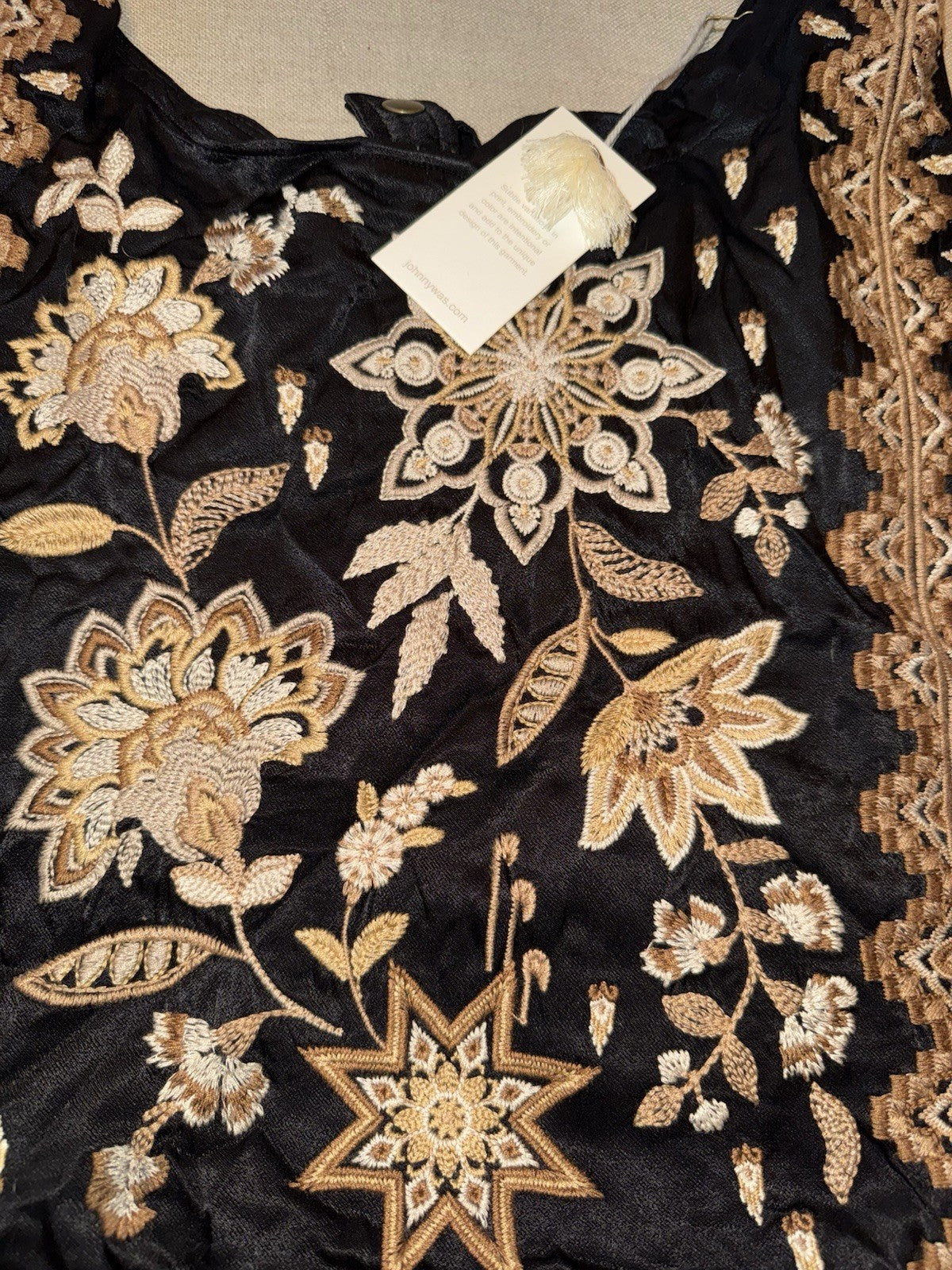 Johnny Was Large Black & Gold Satin Hobo Bag Slouch Tote Purse Embroidered Johnny Was