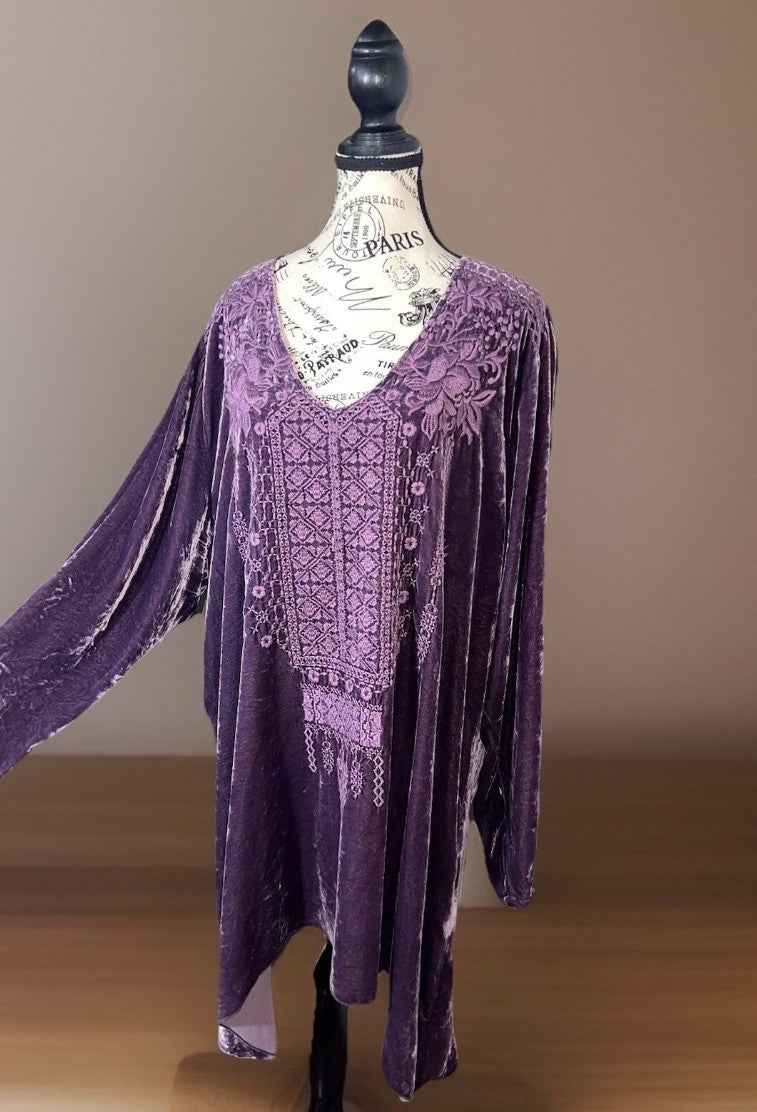 Johnny Was XL Purple Plum Velvet Tunic Top BOHO Mini Dress Tonal Embroidery Johnny Was