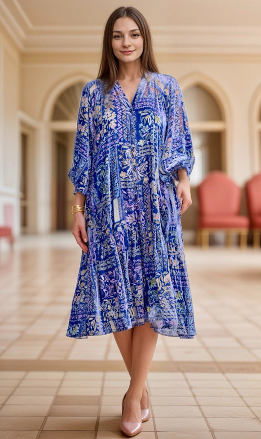 Johnny Was 3X Blue & Purple Velvet Burnout Midi Shirt Dress $465 Retail Johnny Was