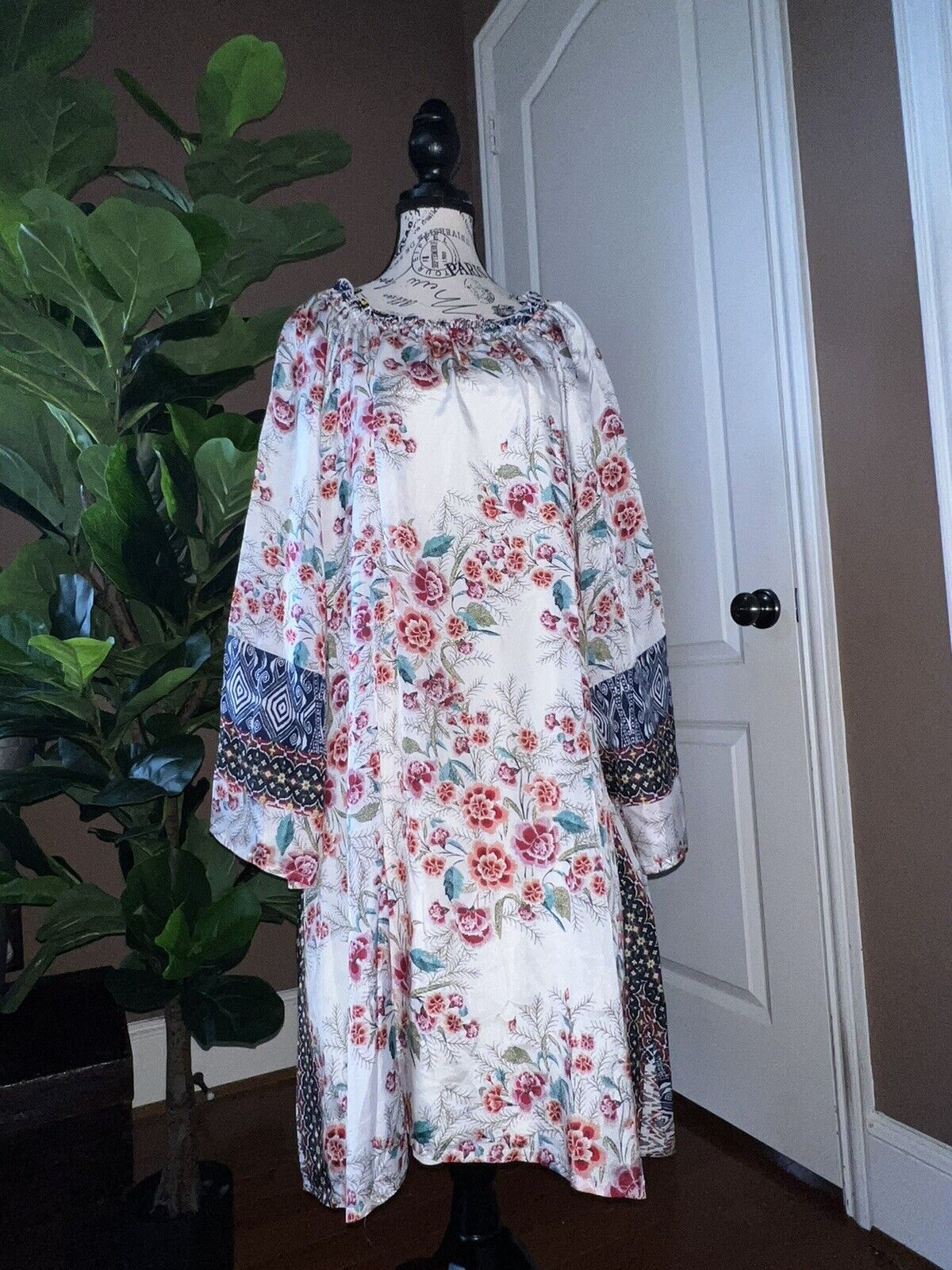 Johnny Was 100% Silk Mini Dress Tunic Top & Slip XL Kimono Sleeves SPRING