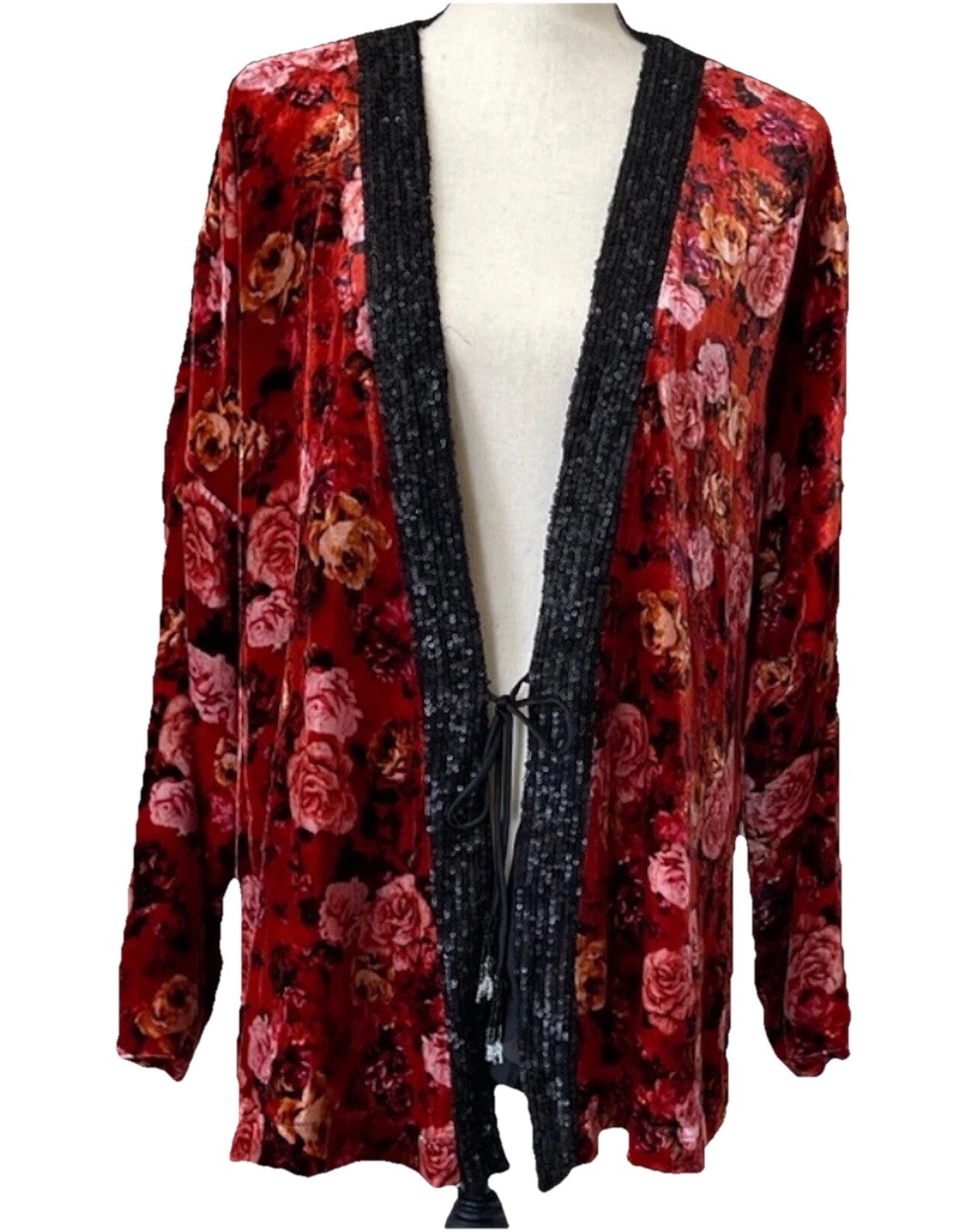 Johnny Was XL Red & Black Velvet Kimono Silk Lining Sequins Coat Jacket Johnny Was