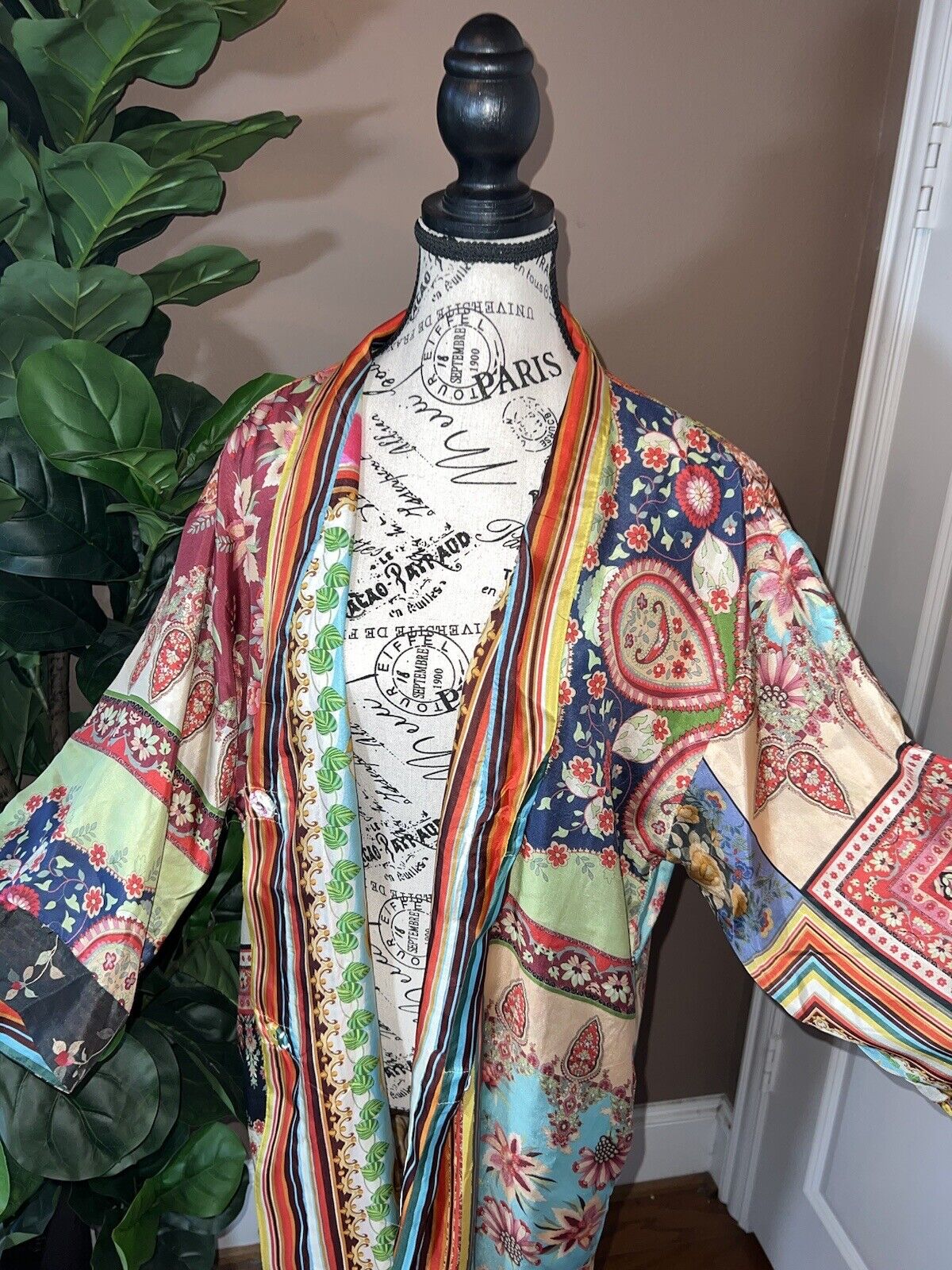 Johnny Was 100% Silk Long Kimono Wrap PL Petite Large REVERSIBLE Duster