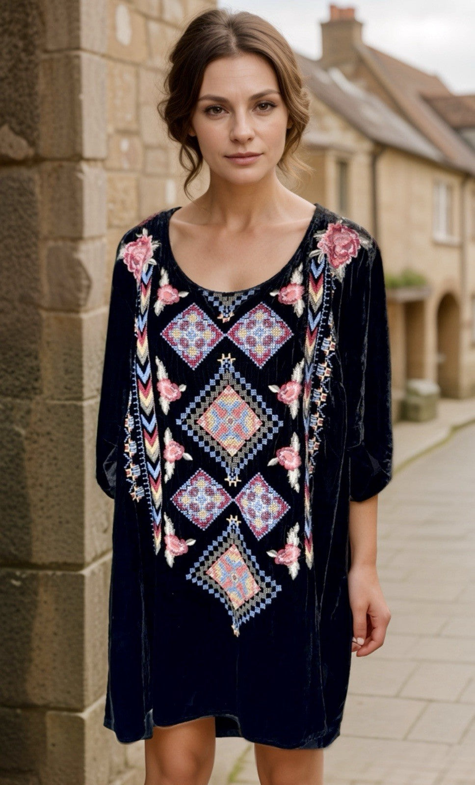 Johnny Was XL Black Velvet Tunic Top Heavily Embroidered Blouse Shift Bohemian Johnny Was