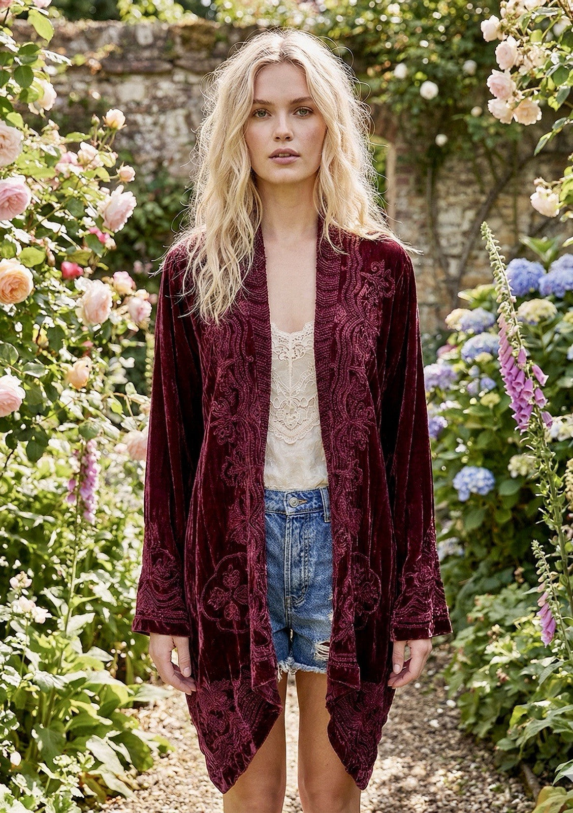 Johnny Was L Large Deep Wine Red Velvet Kimono Wrap Cardigan Tonal Embroidery Johnny Was