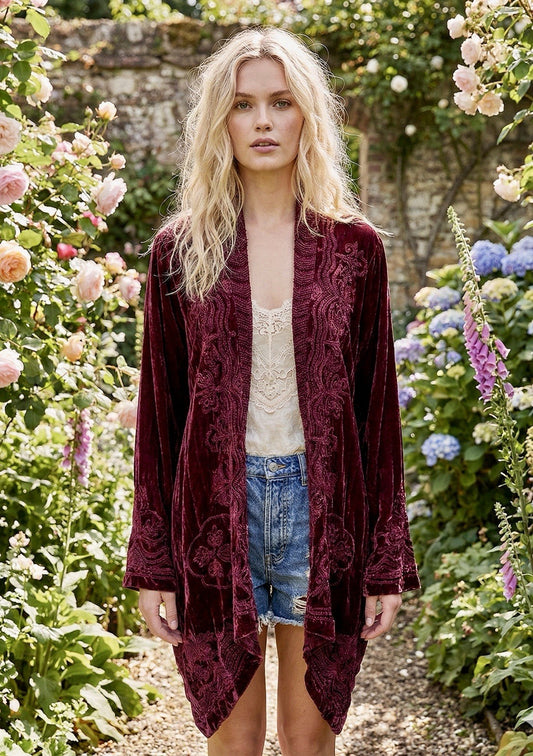 Johnny Was L Large Deep Wine Red Velvet Kimono Wrap Cardigan Tonal Embroidery Johnny Was