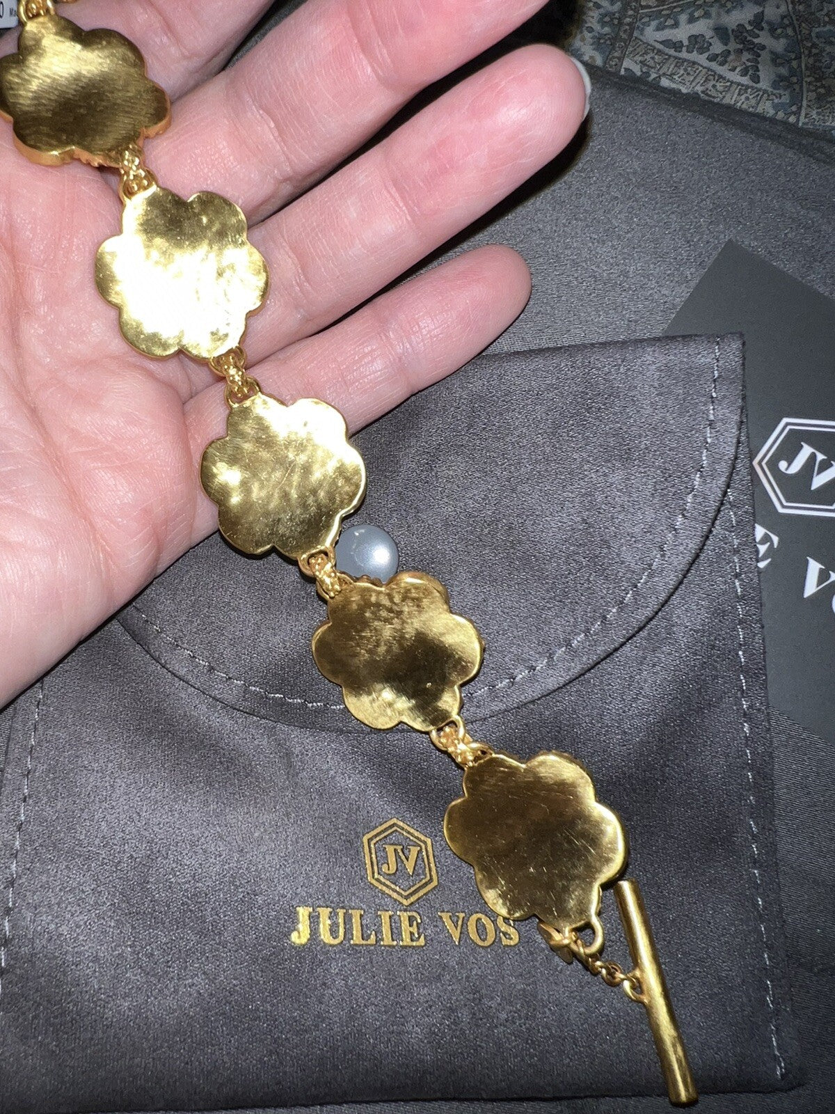 Julie Vos Iridescent Clear Colette Flower Link Toggle Bracelet 24k Plate Julie Vos