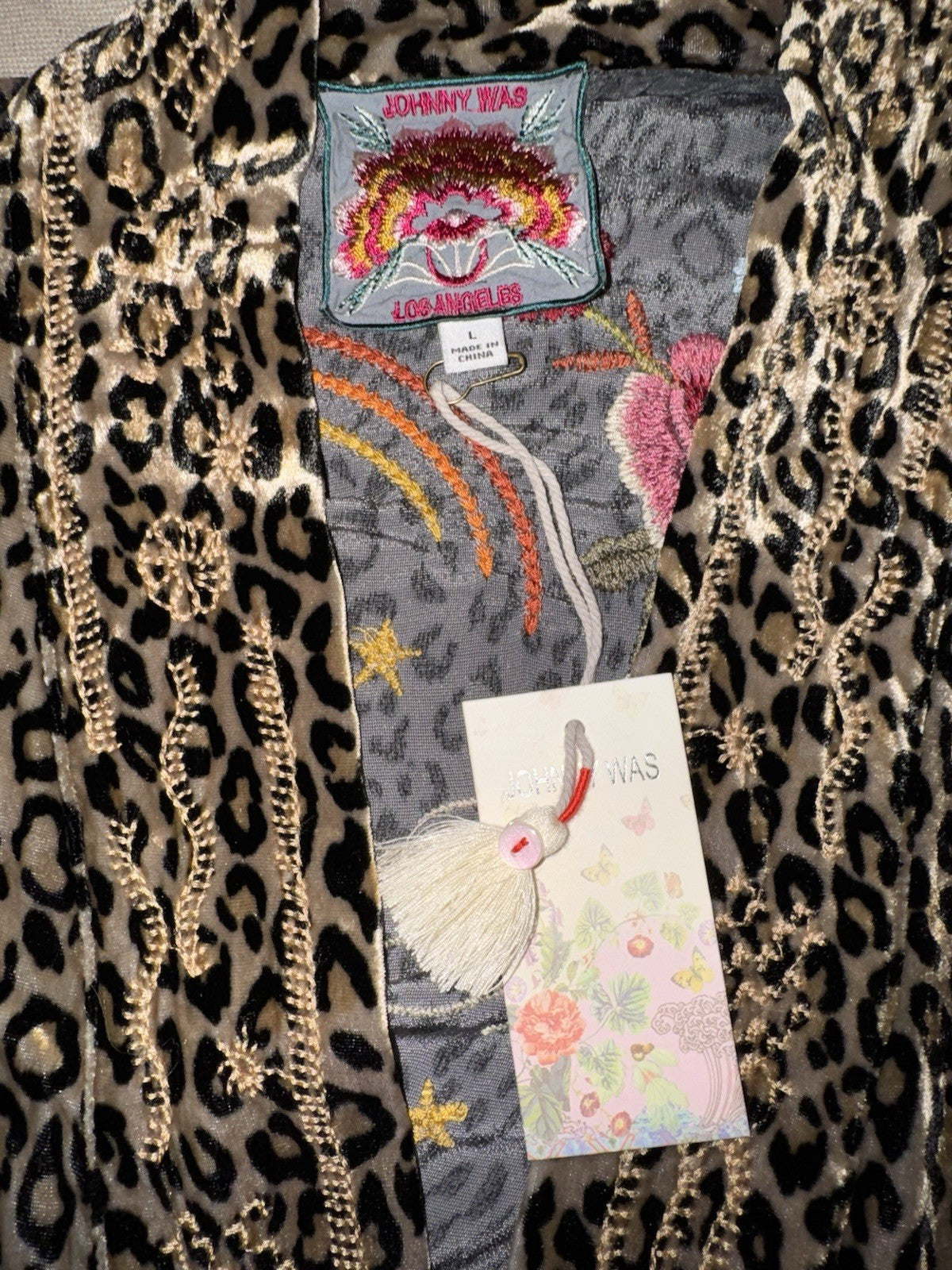 Johnny Was L Leopard Print Velvet Long Kimono Duster Coat Jacket Embroidered Johnny Was