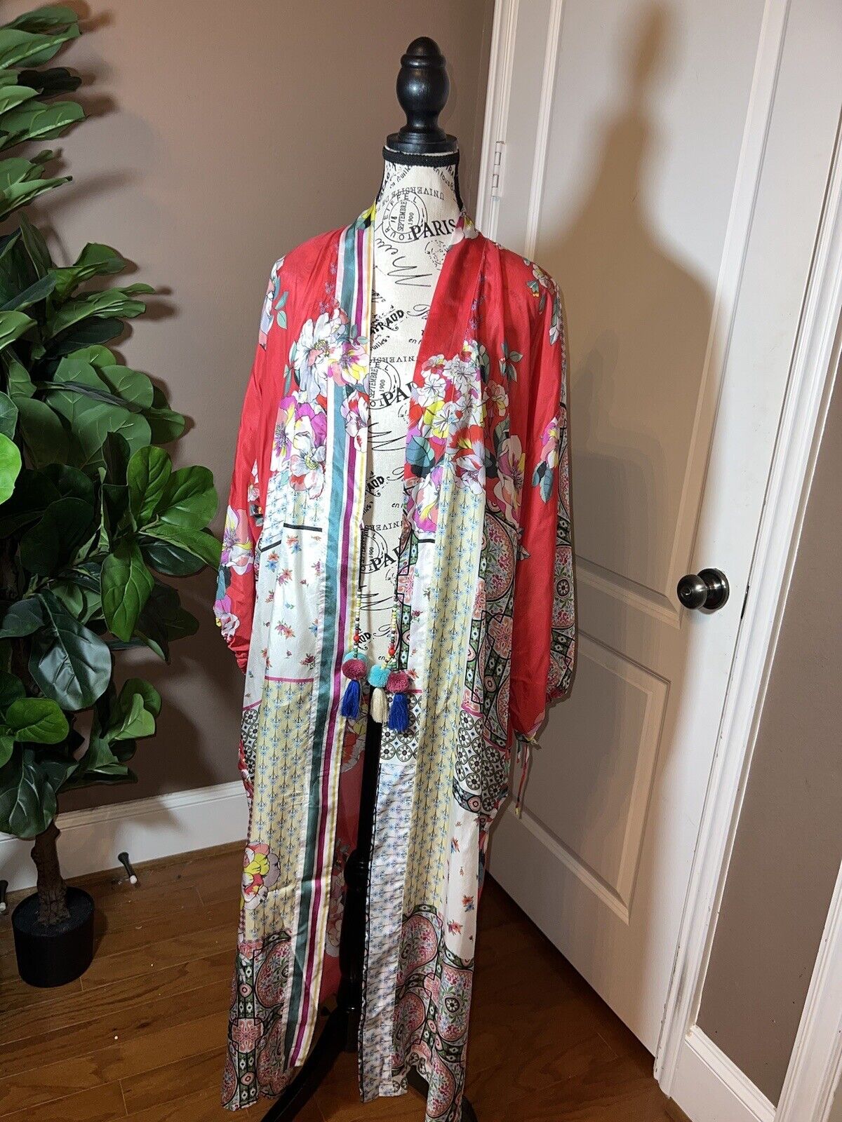 Johnny Was 100% Silk Long Kimono Wrap L Large Spring Floral Duster Robe