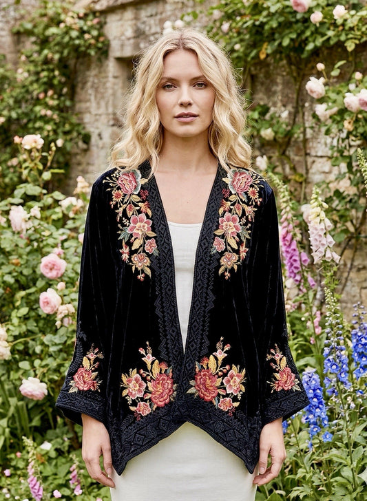 Johnny Was Black Velvet Sz XL Bolero Kimono Wrap BOHO Cardigan Jacket Coat Johnny Was