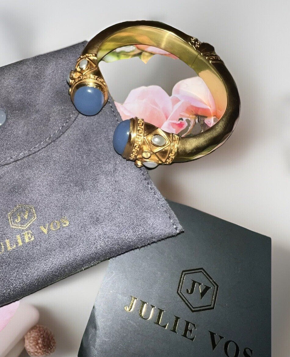 Julie Vos Soft Blue & Pearl Hinged Cuff Bracelet 24k Gold Plated Bangle Julie Vos