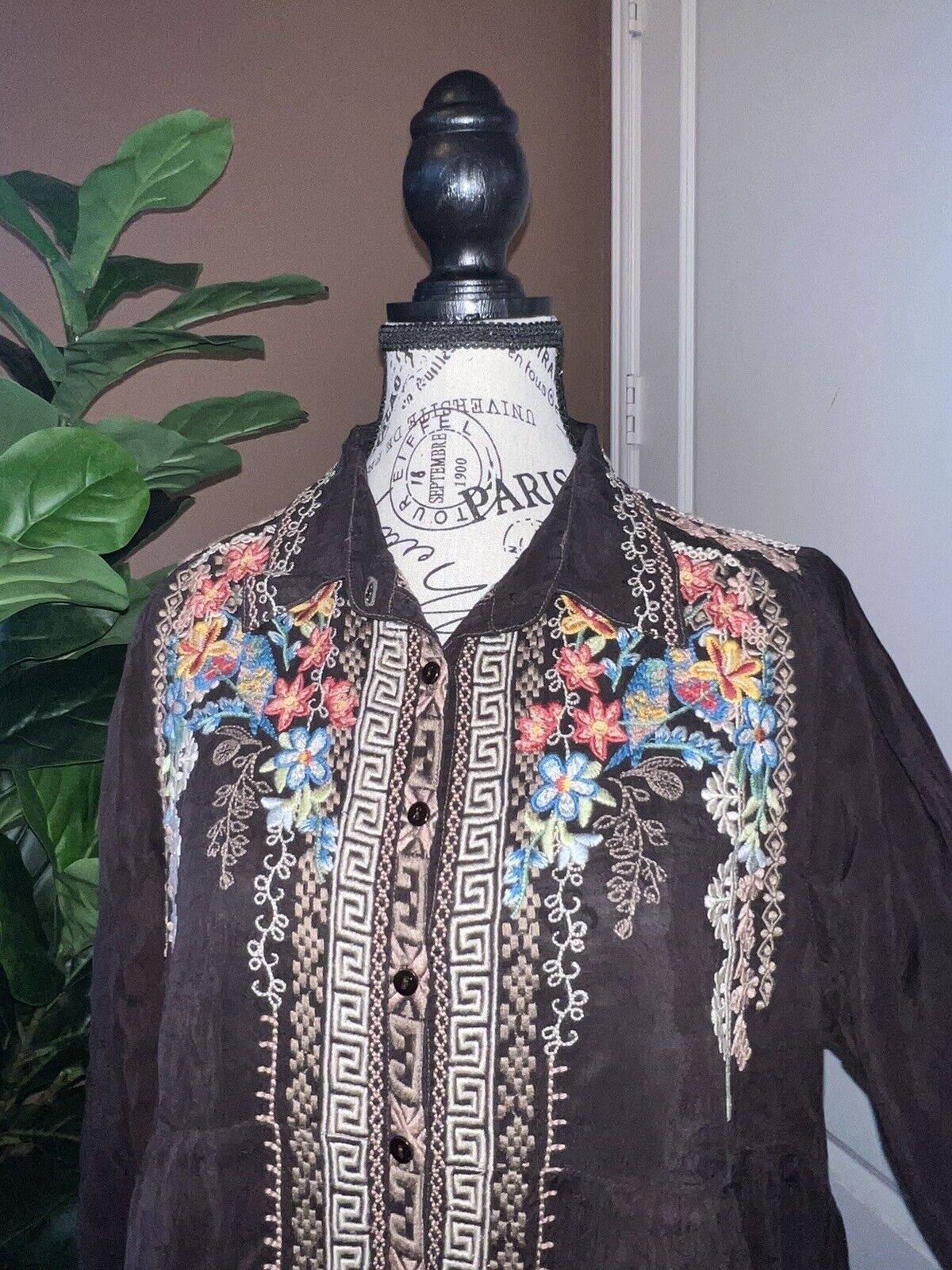 Johnny Was Brown Embroidered Silky Tunic Top Mini Dress Kimono Sleeves M Medium