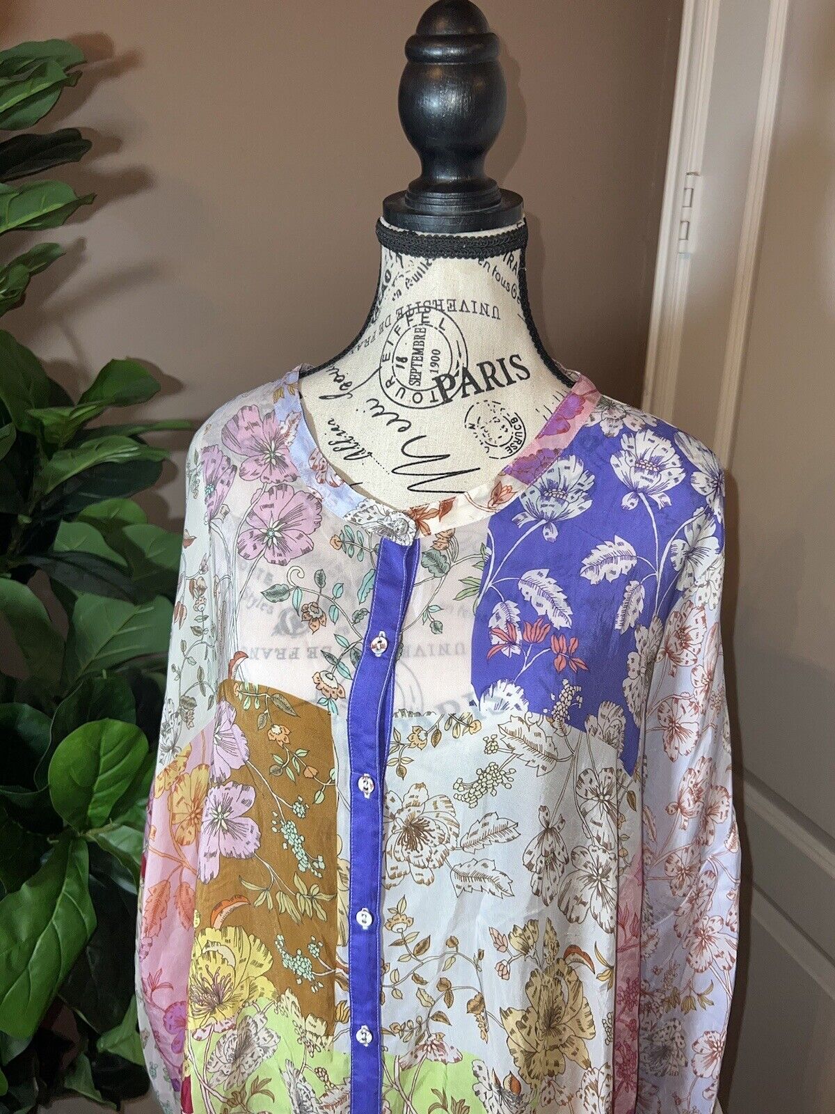 Johnny Was Silky Tunic Top Sz XL 1X Floral Patchwork Button Up  SUMMER