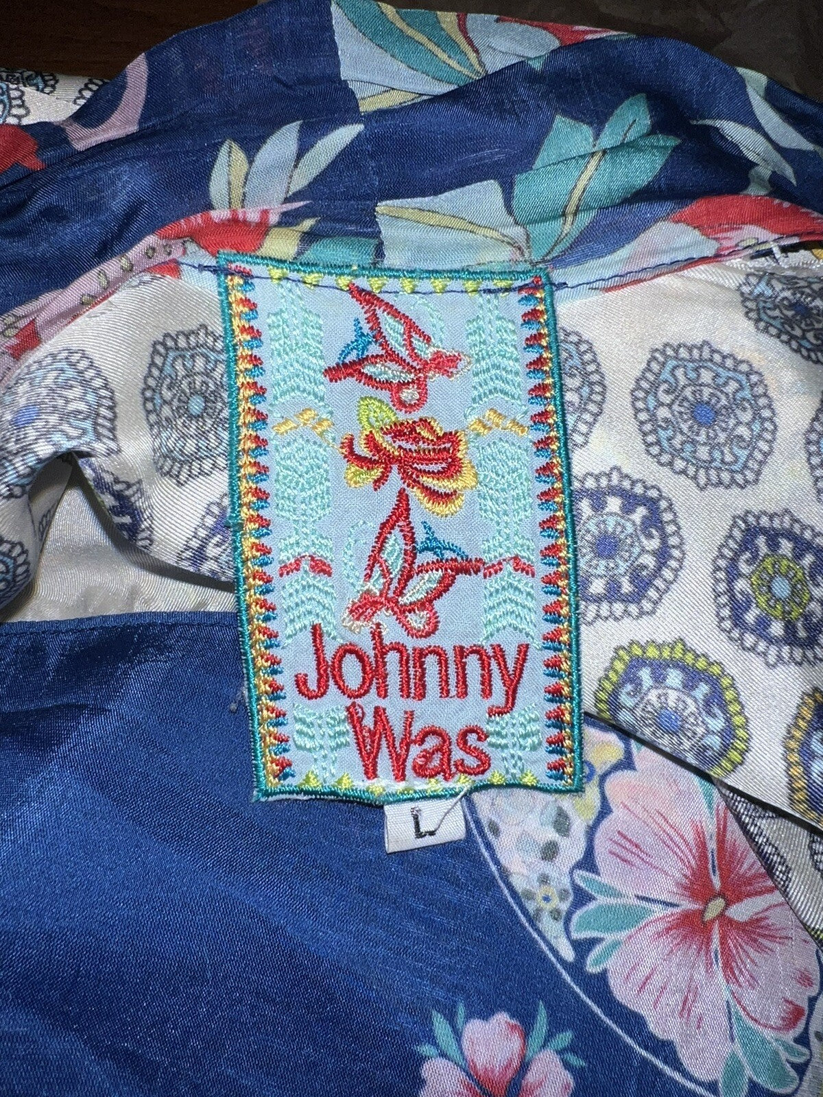 Johnny Was L Large 100% Silk Kimono Lightweight Cool Jacket Wrap Cardigan BOHO Johnny Was