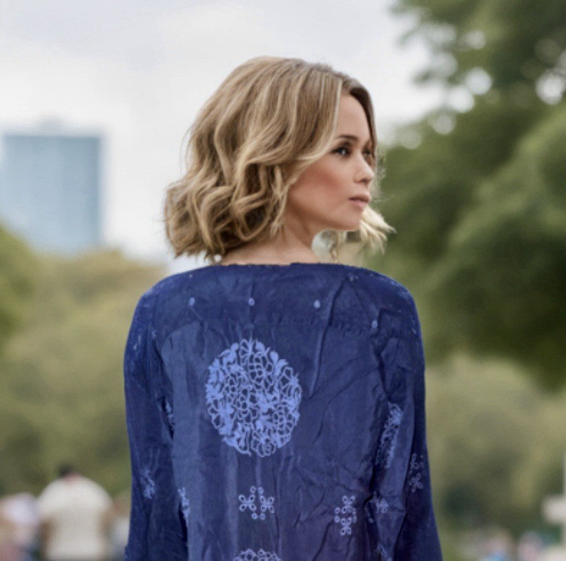 Johnny Was M Medium Navy Blue Shift Mini Dress Lace Embroidered Silky Tunic Top Johnny Was