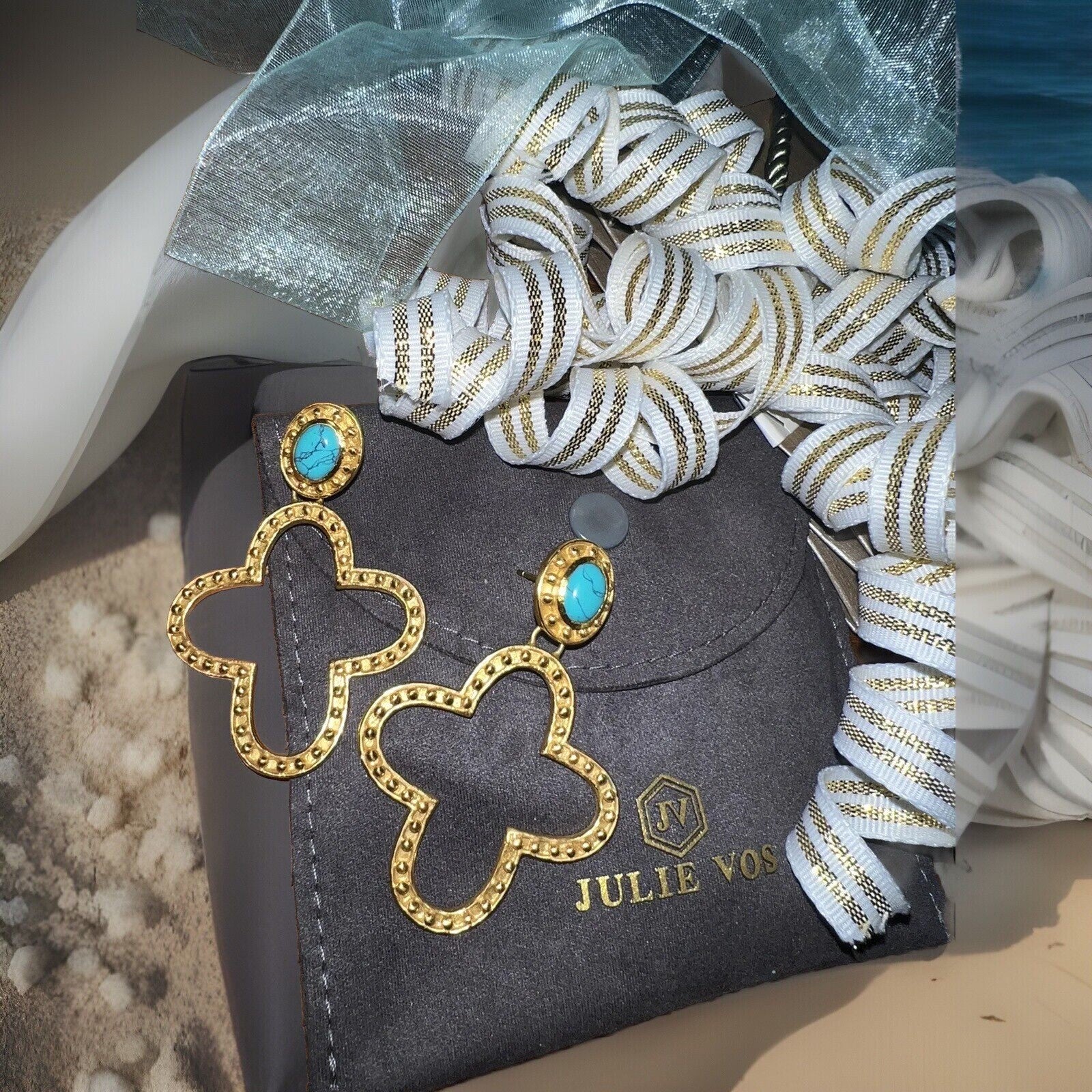 Julie Vos 24k Gold Plate & Turquoise Cross Statement Earrings WOW Julie Vos