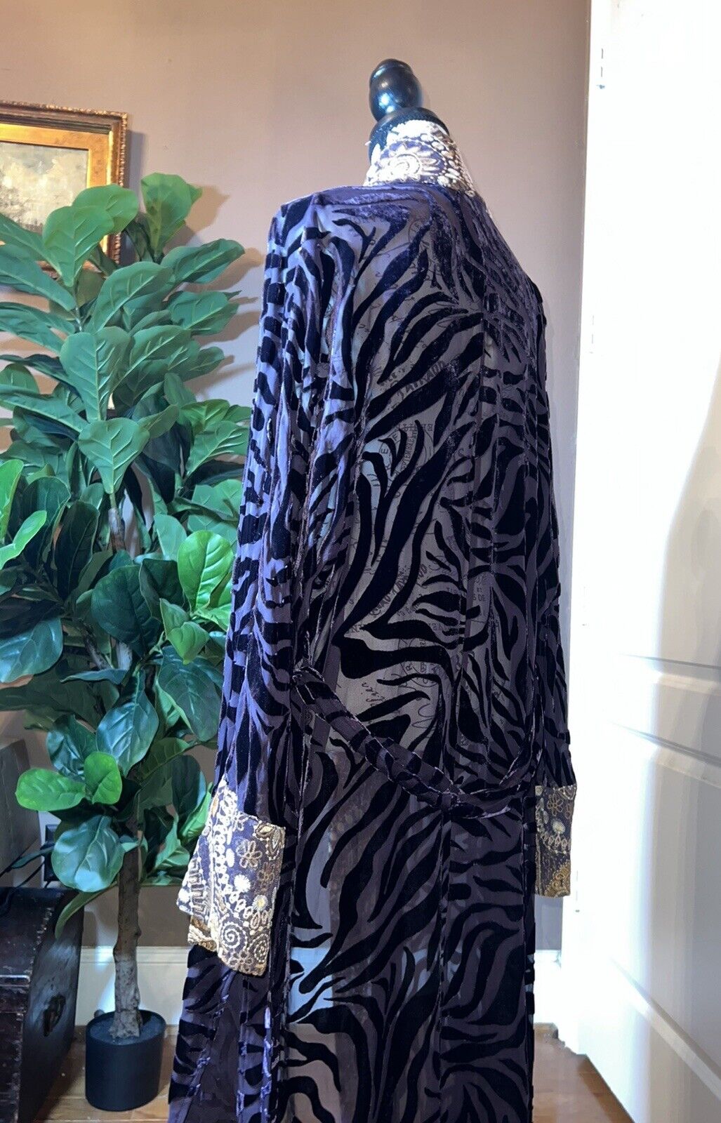 Johnny Was XL Burnout Velvet Long Kimono Duster Wrap Deep Plum Wine Zebra & Gold