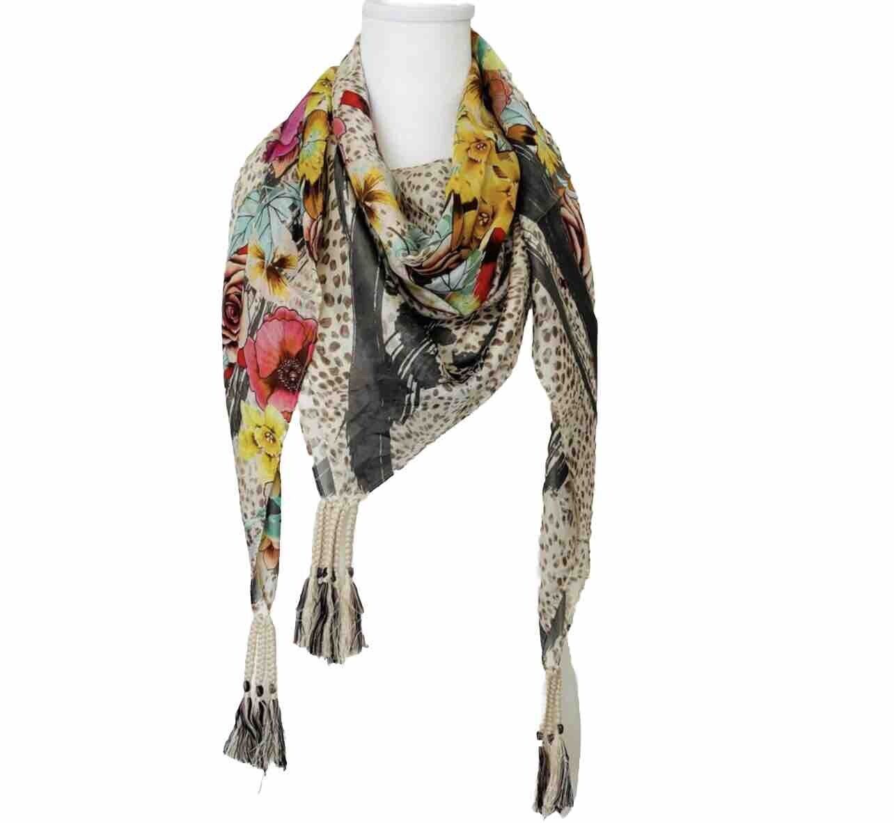 Johnny Was 100% Silk Scarf Tassels Animal & Floral Print 44” X 44” Tags Removed