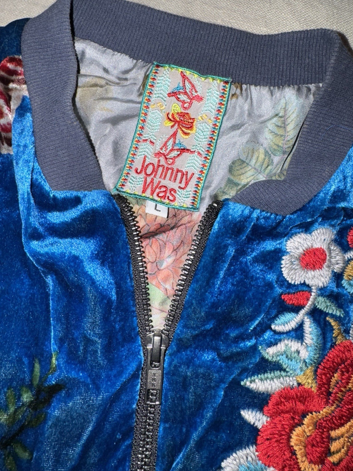 Johnny Was L Blue Velvet Bomber Jacket Flight Coat Floral Lightweight Warm Soft Johnny Was