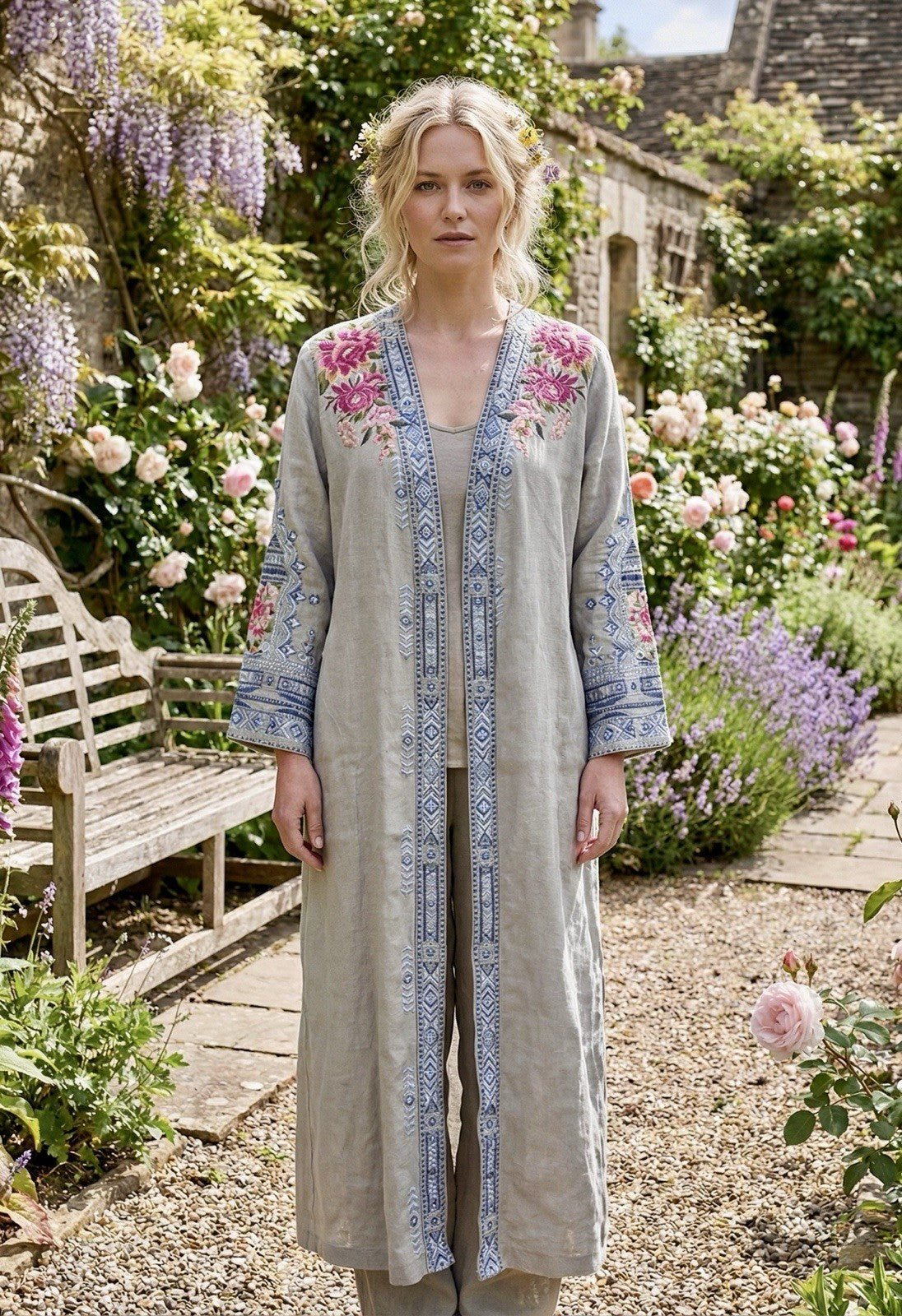 Johnny Was Grey XL Long Kimono Duster Coat Embroidery Linen MISSING BELT Johnny Was