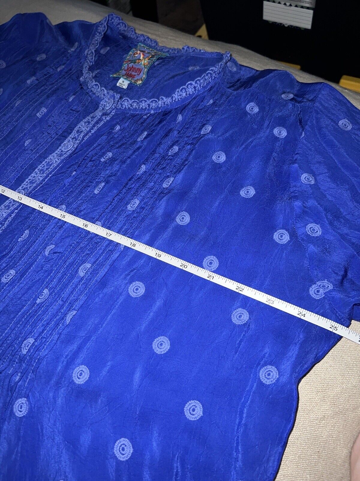 Johnny Was Sz XL Silky Cobalt Blue Tunic Top Embroidered Eyelet Lace Summer