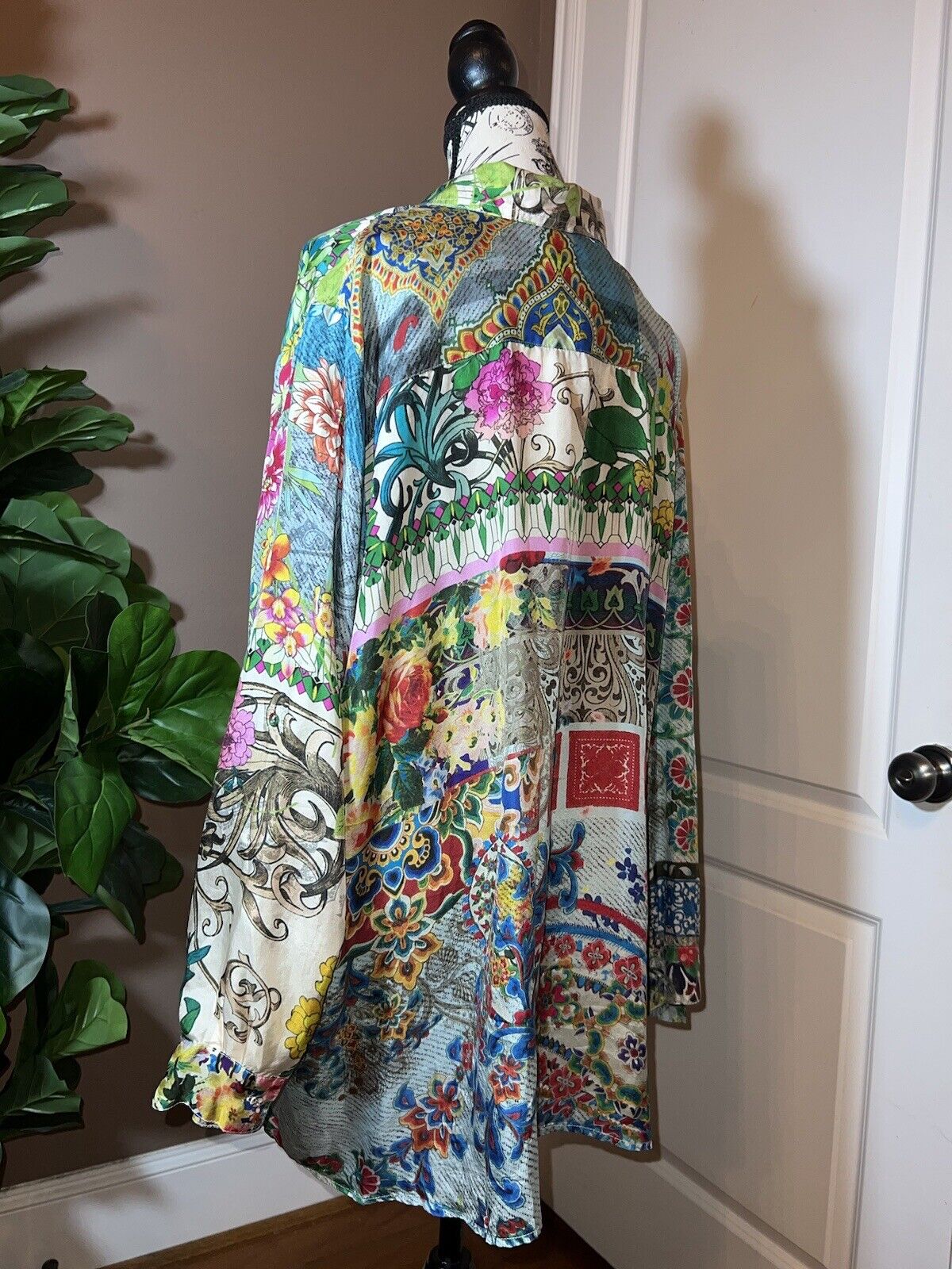 Johnny Was 100% Silk Long Sleeve Tunic Top Button Up Blouse Kimono Sz 1X 1XL XL