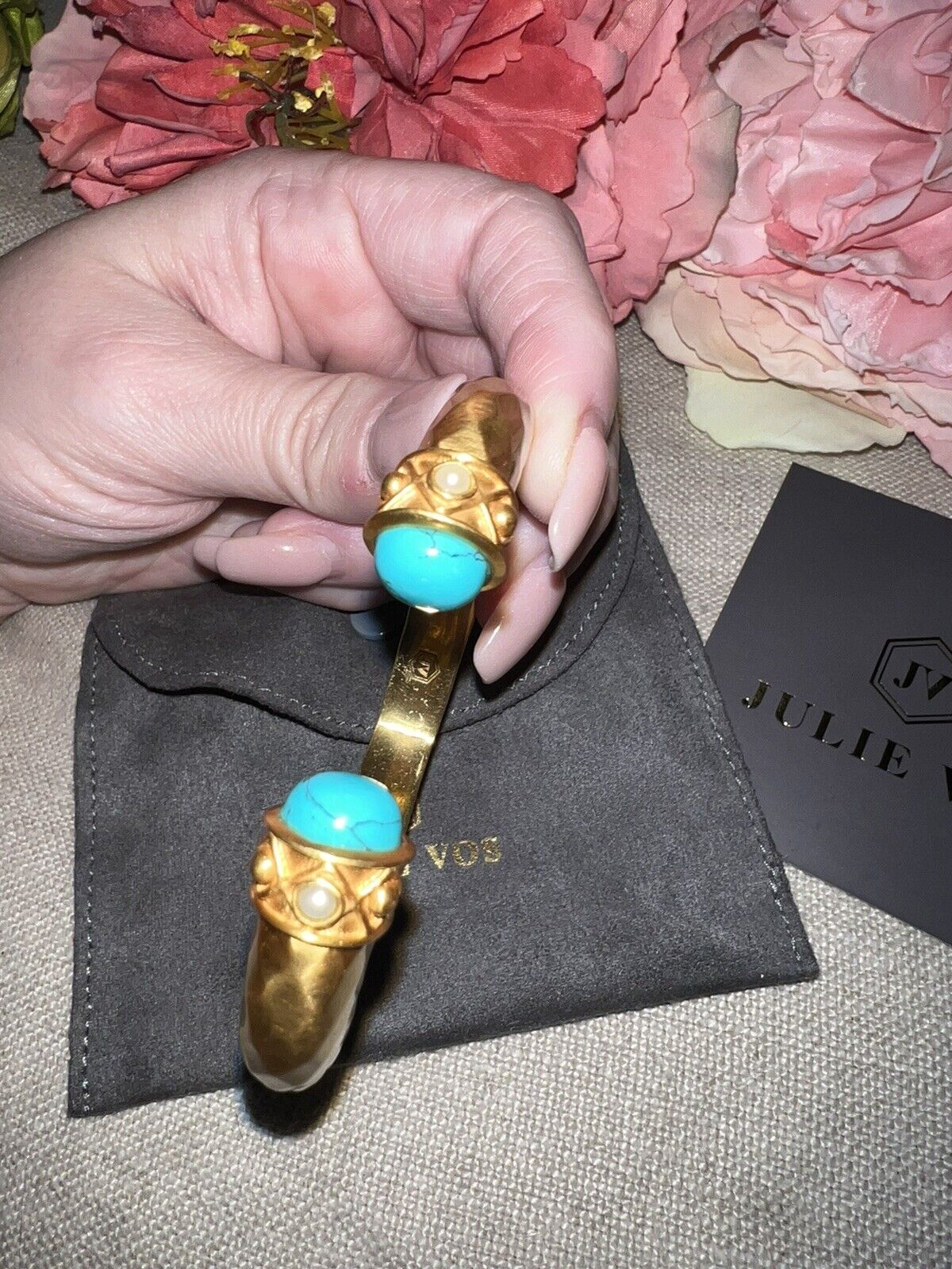 NEW Julie Vos Hinged Bangle Bracelet Blue Turquoise 24k Gold Plated NWOT