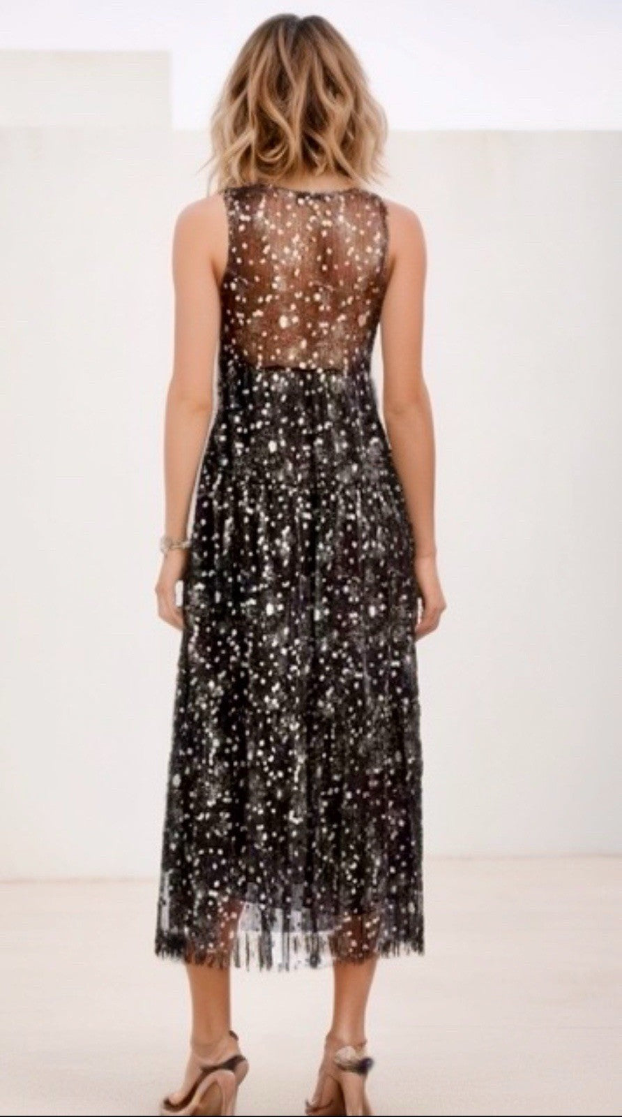 Johnny Was L Black & Gold Long Maxi Party Dress Sleeveless Pair W/ Kimono Johnny Was