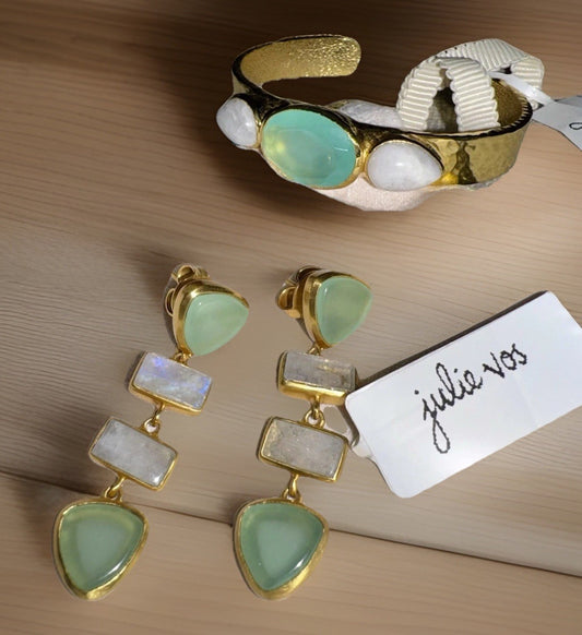 3pc Set Julie Vos Sea Foam Green & White Earrings & Cuff Bracelet Bangle Julie Vos