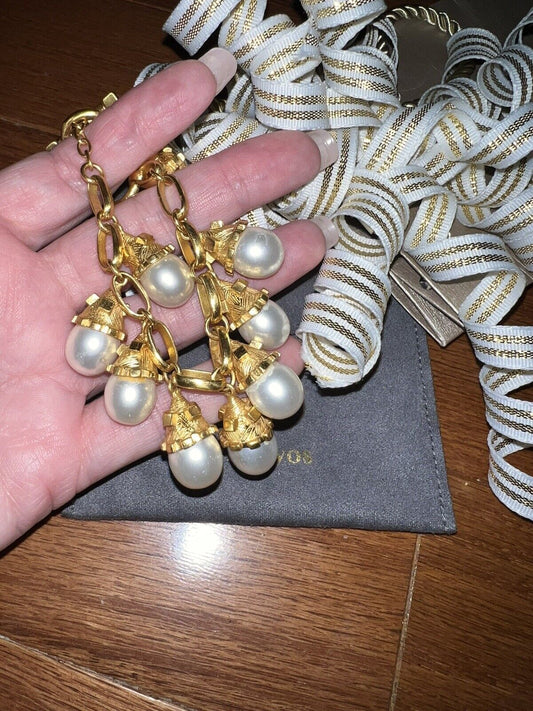 MEW Julie Vos Pearl Charm Link Bracelet Toggle 24k Gold Plated