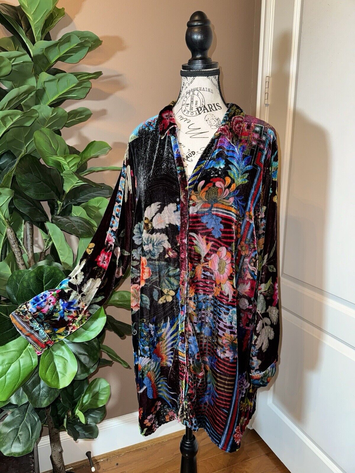 Johnny Was 1X XL Velvet Jewel Tone Kimono Long Sleeve Button Up Shirt Top Blouse