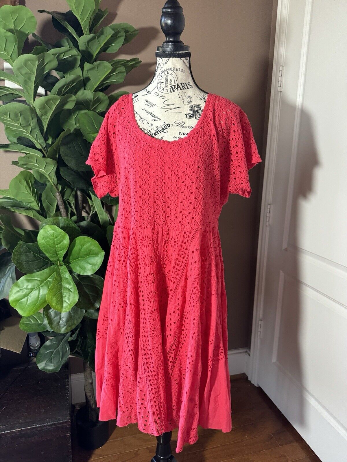 Johnny Was Sz 1X XL Red Dress & Slip Eyelet Lace Knee Length Mini Dress SO CUTE