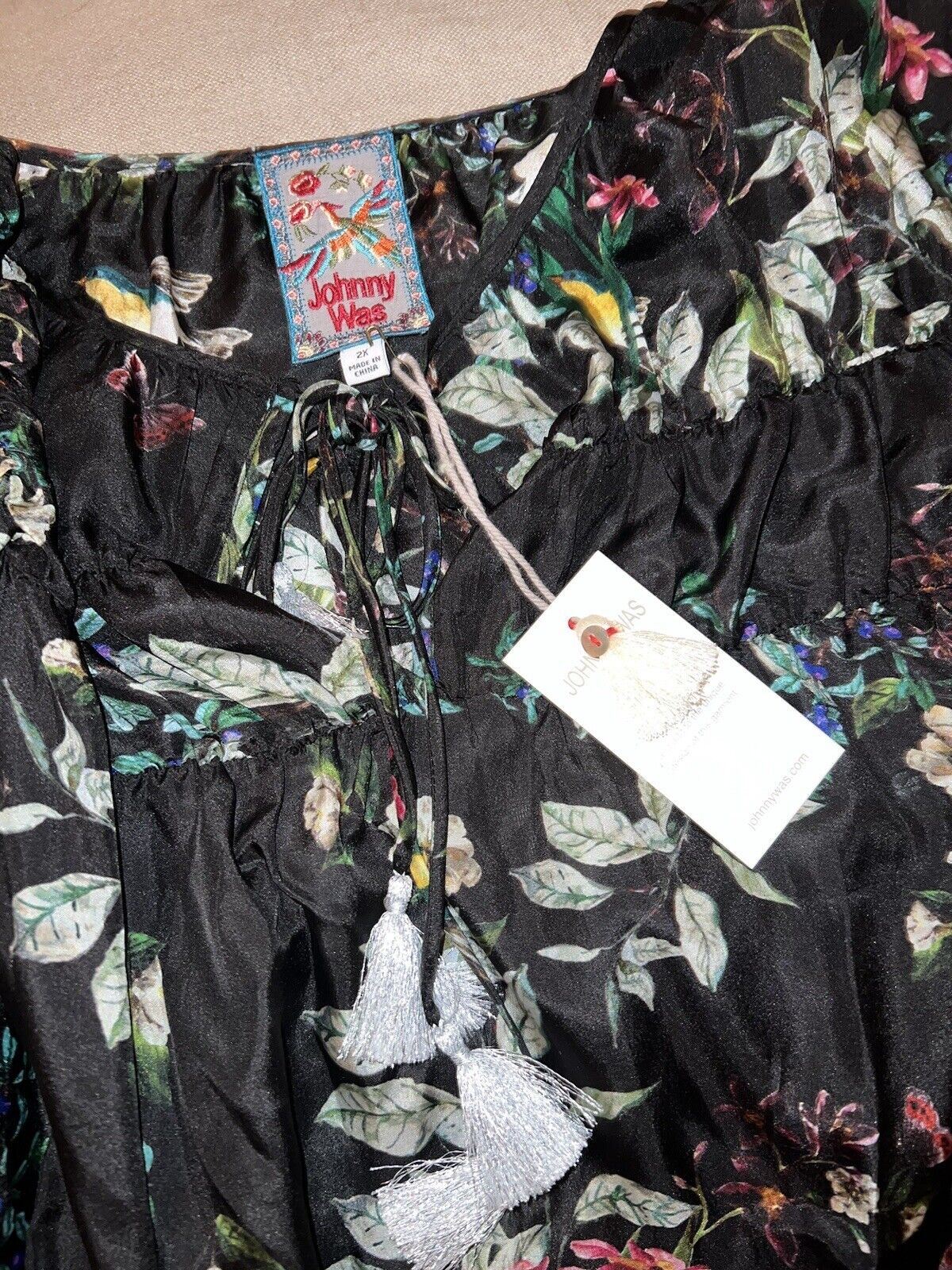 Johnny Was 100% Silk Black Floral Tunic Top Kimono 2X 2XL XXL  Butterfly