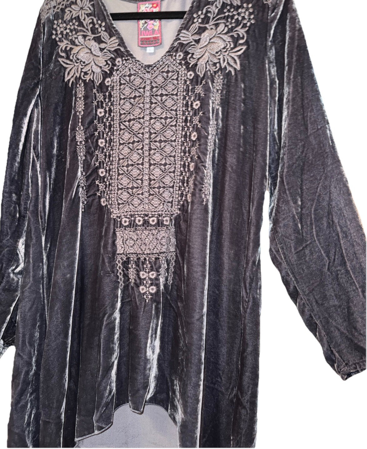 Johnny Was L Large Grey Velvet Tunic Top Blouse  Tonal Embroidery Shirt Johnny Was