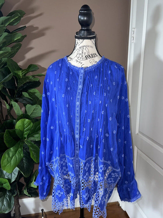 Johnny Was Sz XL Silky Cobalt Blue Tunic Top Embroidered Eyelet Lace Summer