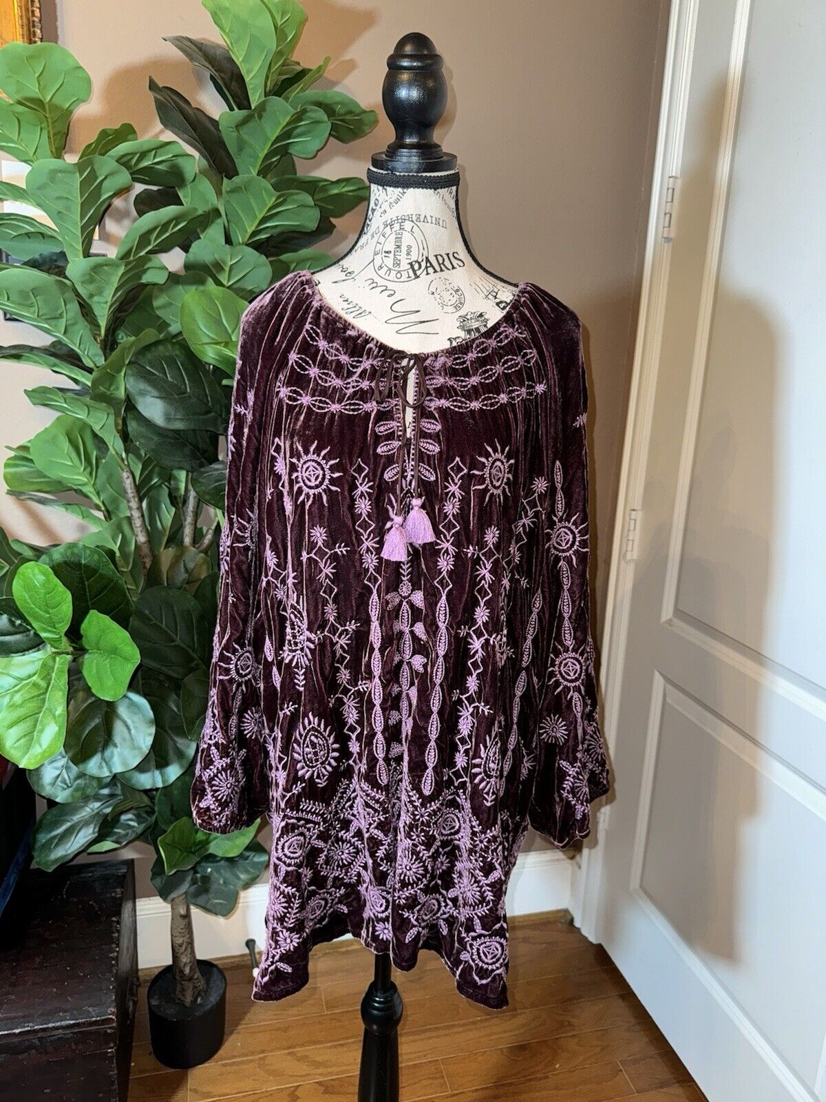 JOHNNY WAS XXL VELVET Eggplant Purple Embroidered Dress Peasant Top Tassels