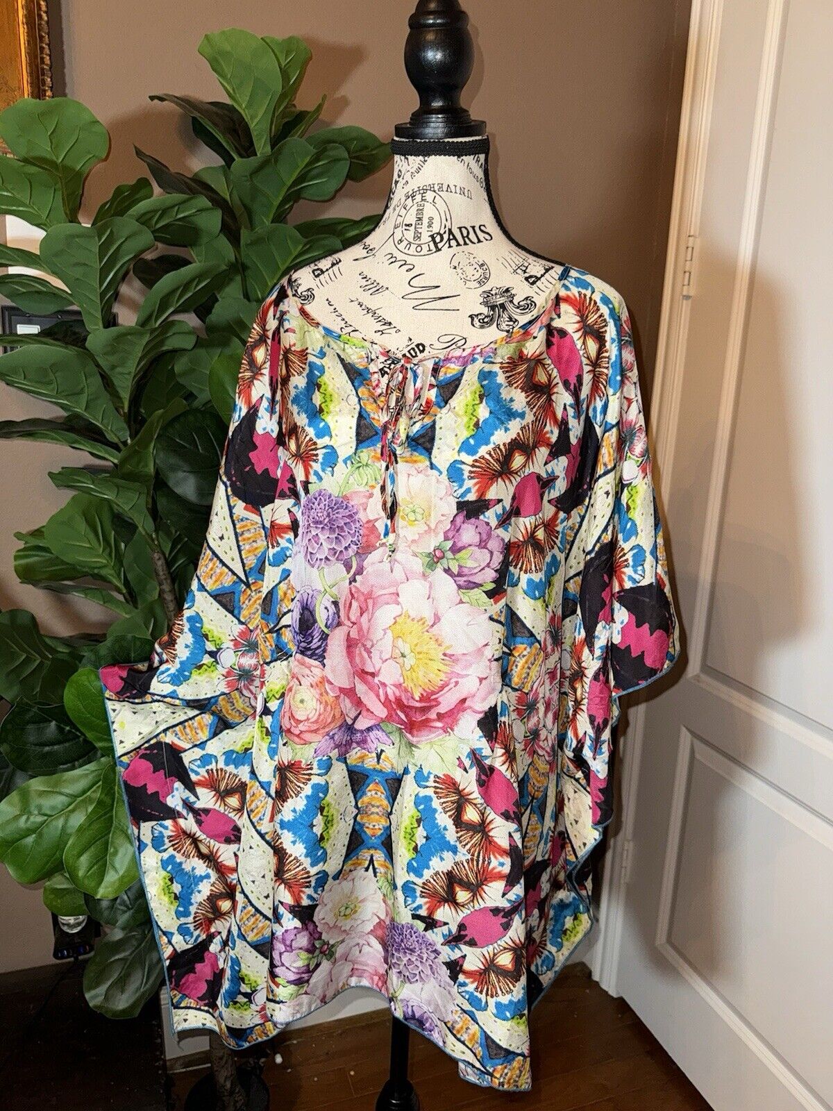 Johnny Was 3X 3XL 100% Silk Poncho Tunic Top Kimono Wrap Pink Floral