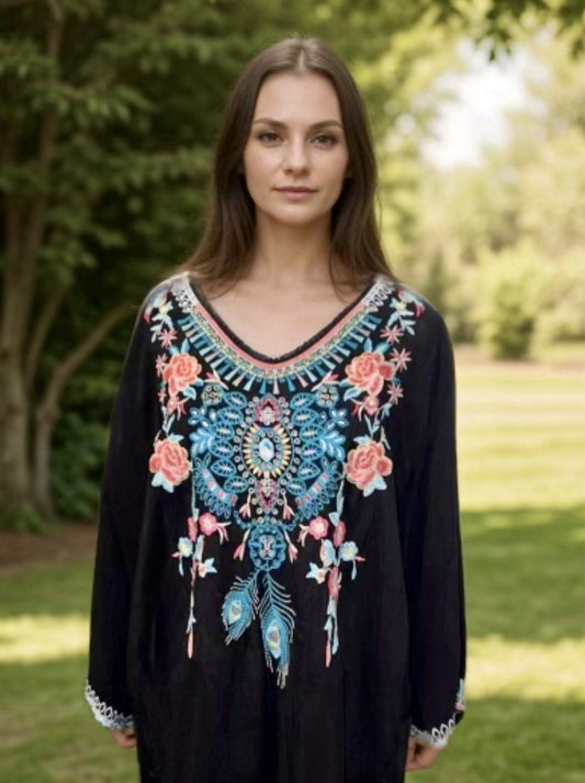 Johnny Was XL Black Tunic Top Embroidered Kimono Blouse Lightweight Cool BOHO Johnny Was