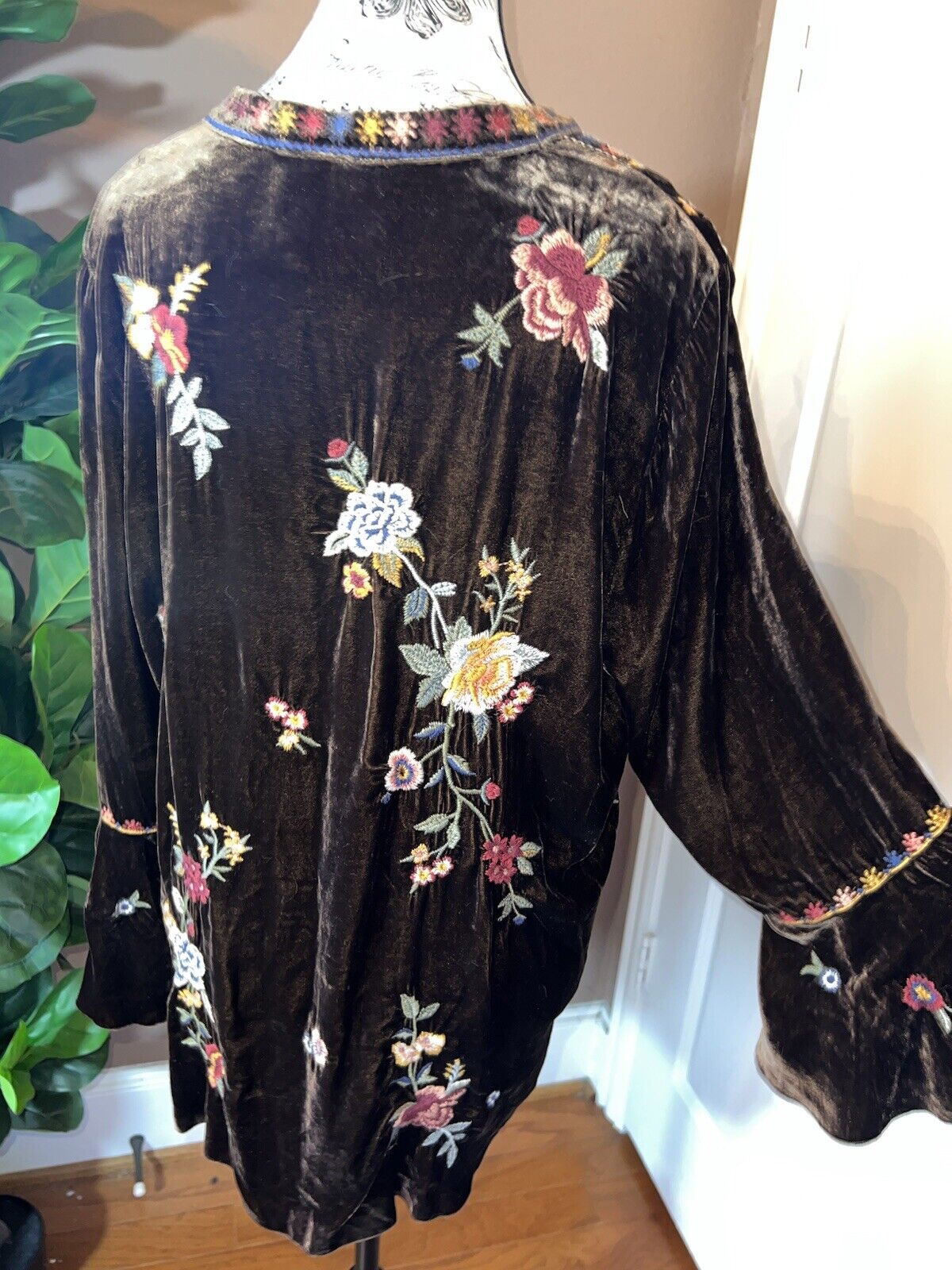 Johnny Was BOHO Brown Velvet Peasant Tunic Top Kimono sleeves L Large