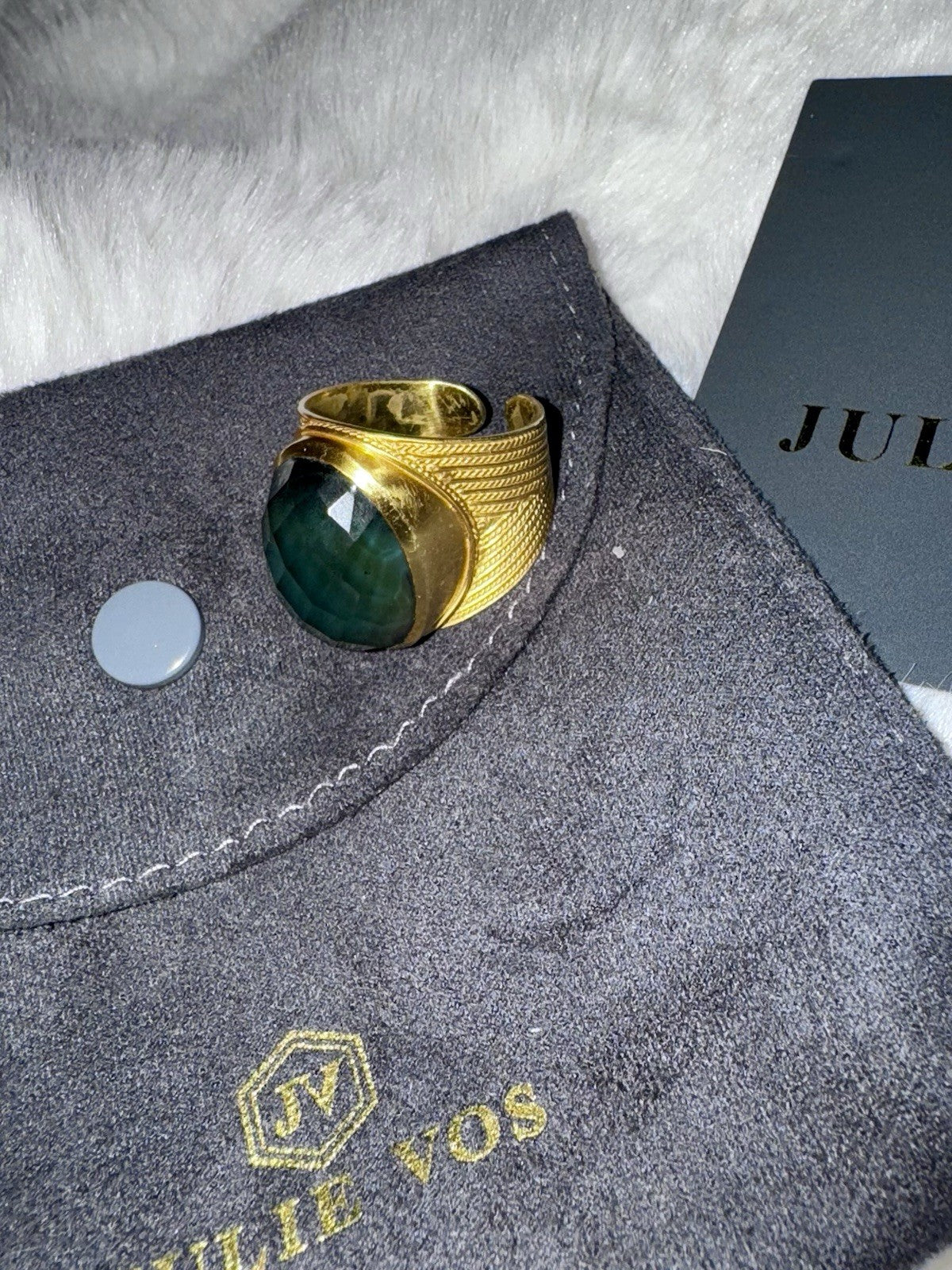 Julie Vos Iridescent Peacock Blue Statement Ring Sz 9 ADJUSTABLE 24k Gold Plate Julie Vos