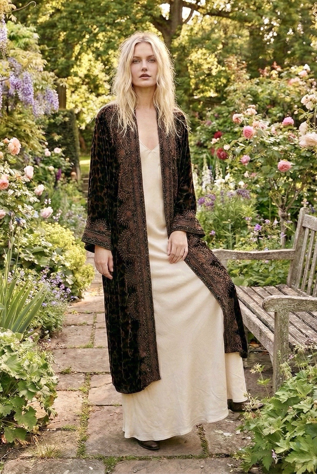 Johnny Was L Large Velvet Long Kimono Duster Wrap Leopard & Lace Jacket Johnny Was